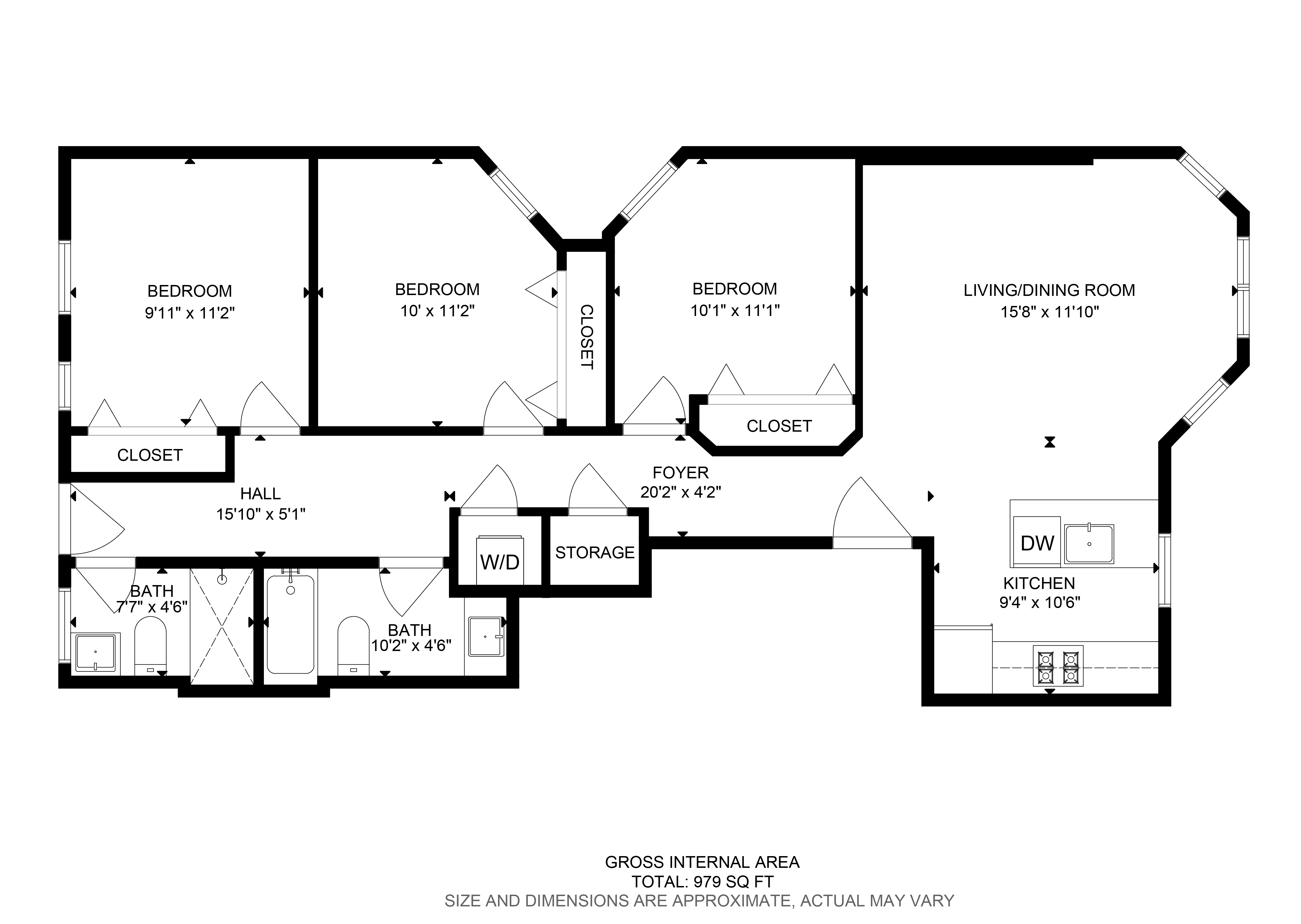 Floor plan for 3 beds, 2 baths, 979 sqft